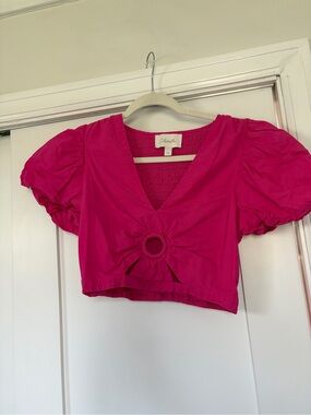 Cleobella Hot Pink Puff-Sleeve Ring-Front Crop Top